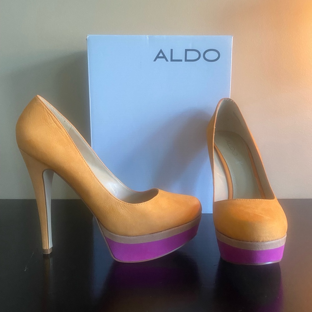 Aldo Antonini-65 size US 10 Tangerine/hot pink. 4.5” heel 1 1/4” platform